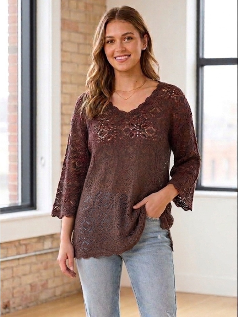 Modern Soul Lacy Brown Crochet Knit V-Neck Tunic Sweater Size M